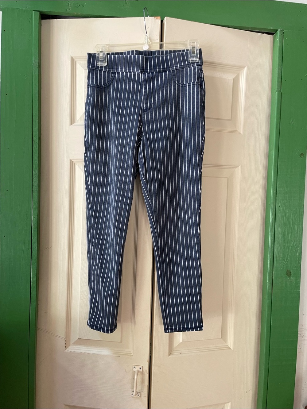 Ladies Navy Pinstripe Stretch Trousers